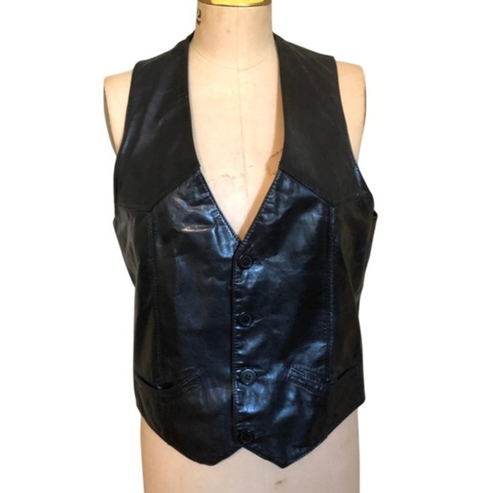 Mens Black Leather Vest Chess King Vintage 80s Sleeveless‎ Biker Rocker Sz Large